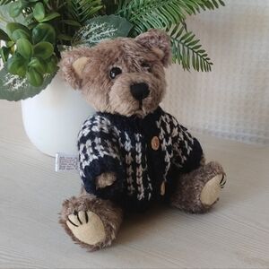 Hugfun Vintage 1998 Jointed Brown Teddy Bear w/Blue& White knit Sweater 9"